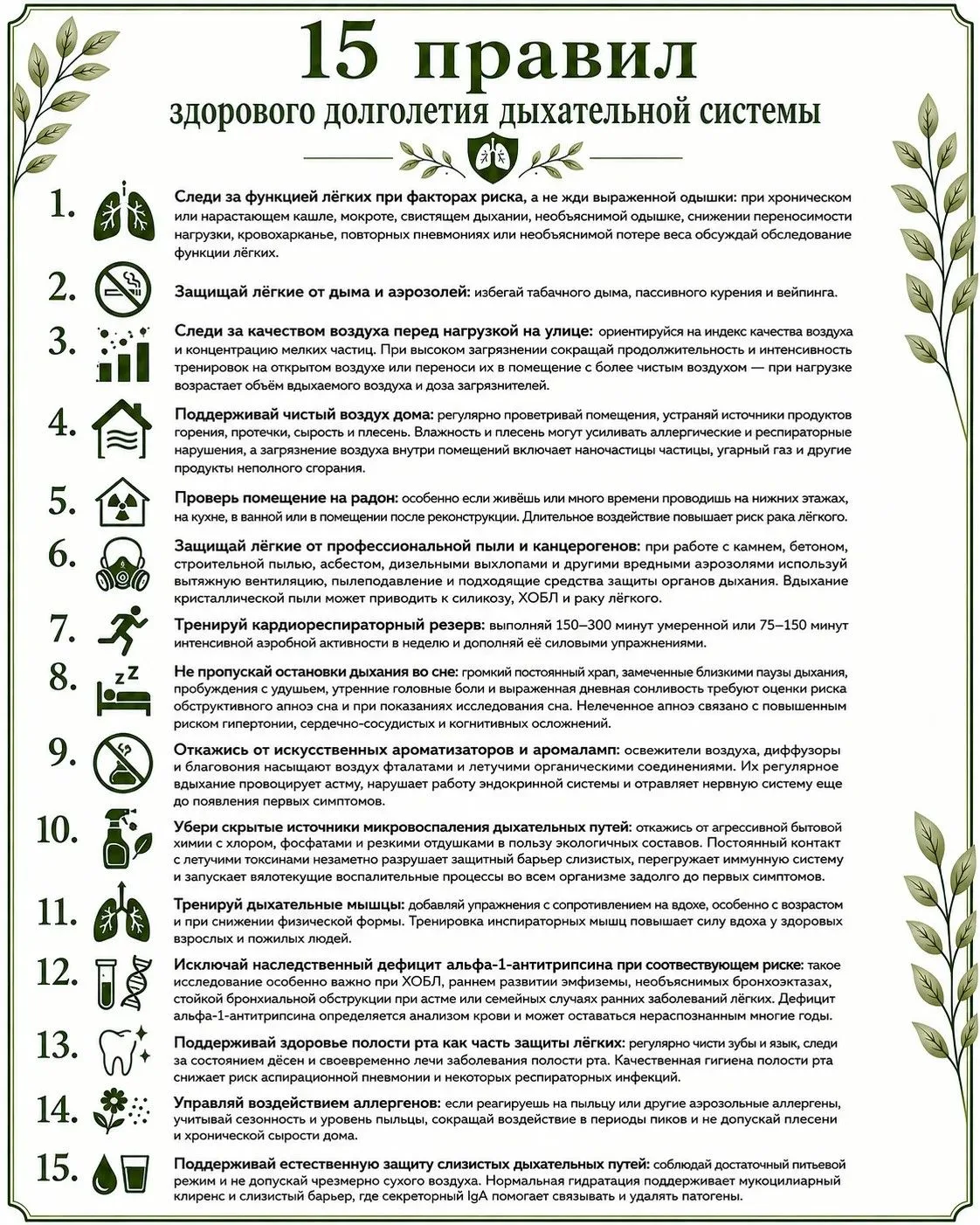 ✅ Удобно сохранить, легко поделиться с близкими: 15 правил здорового долголетия дыхател...