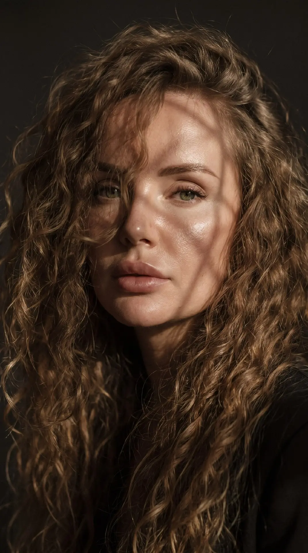 Ultra-realistic 9:16 cinematic portrait of a woman's face, extreme close-up. Young woma...