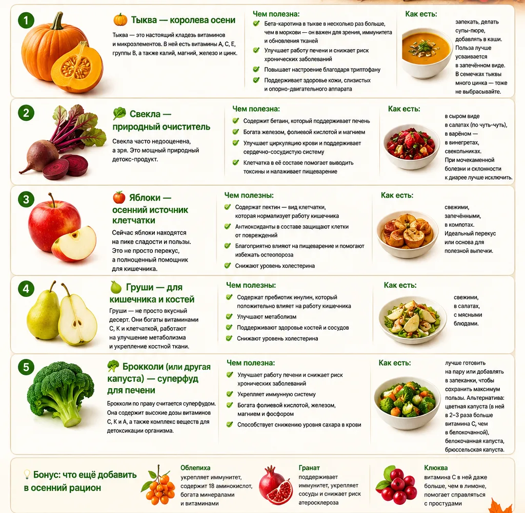 Топ-5 продуктов осени: что добавить в рацион, чтобы не болеть и сохранить энергию 🍂