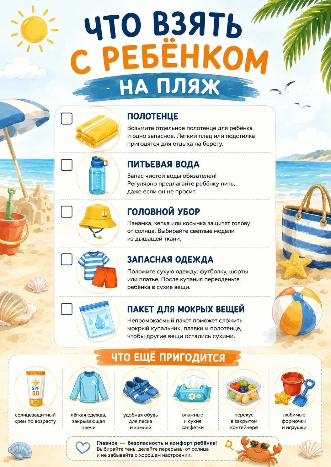 Собираетесь на пляж с ребёнком? 🏖

Чтобы отдых прошёл комфортно и без лишних забот, важно заранее п