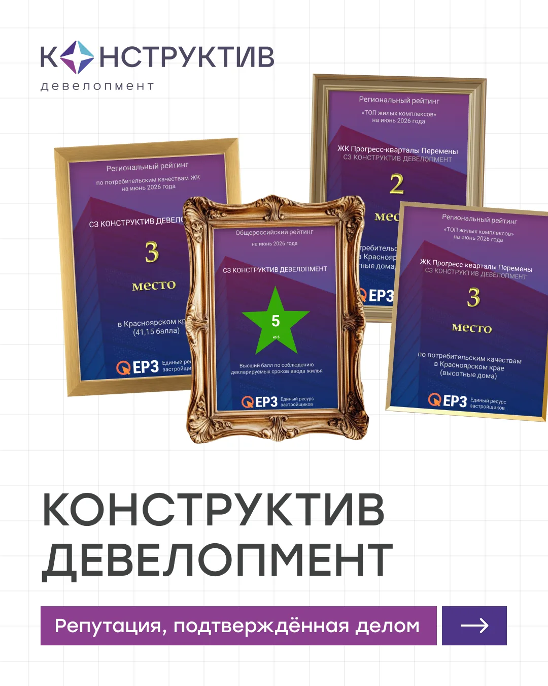 🏆 «Конструктив Девелопмент» на высшей отметке надёжности.

Максимальный балл по соблюдению сроков в