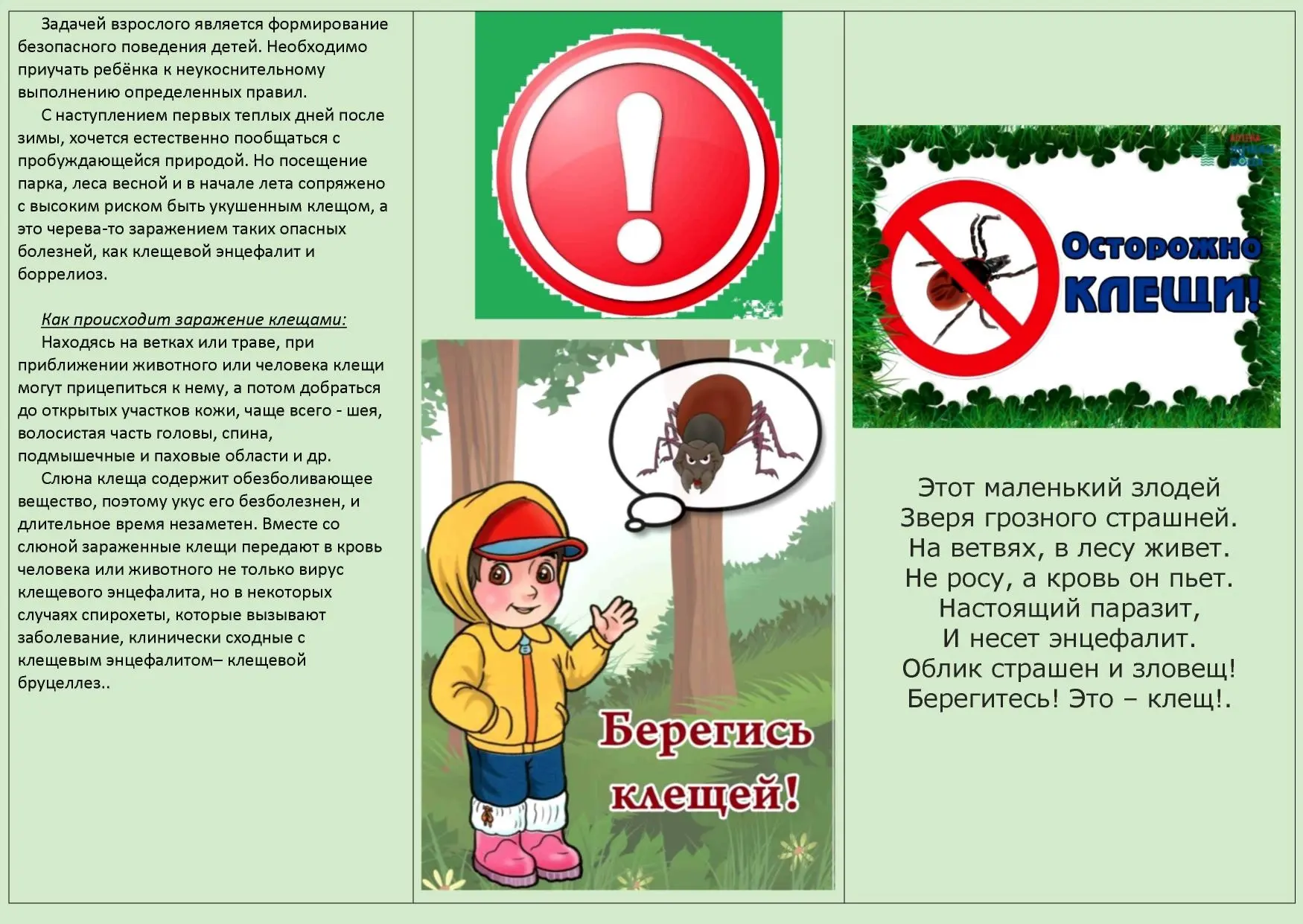Памятка "ОСТОРОЖНО, КЛЕЩИ"!
Клещи – подстерегающие паразиты. Зацепившись за человека, клещ некоторое