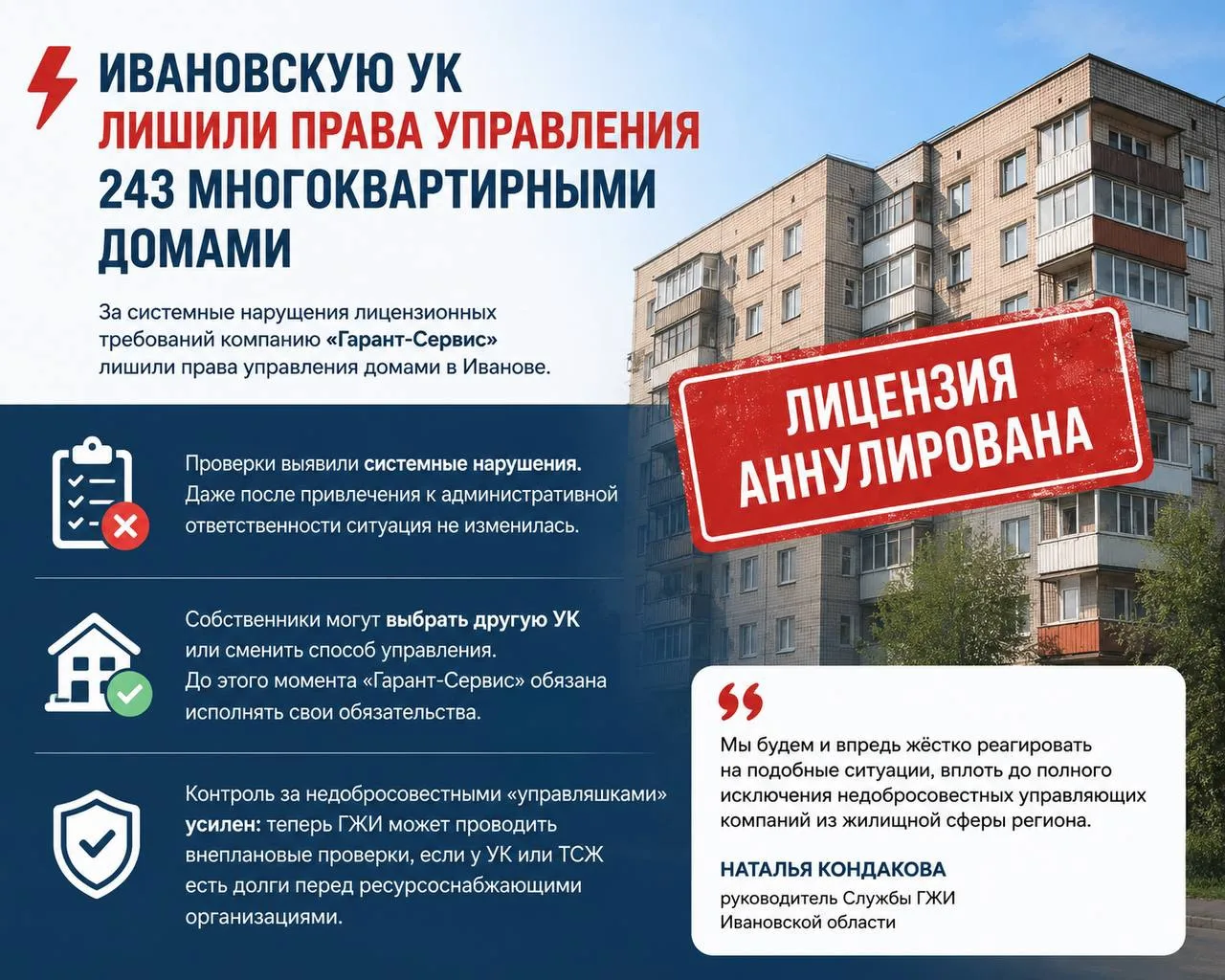 ⚡ Ивановскую управляющую компанию лишили права управления 243 домами
