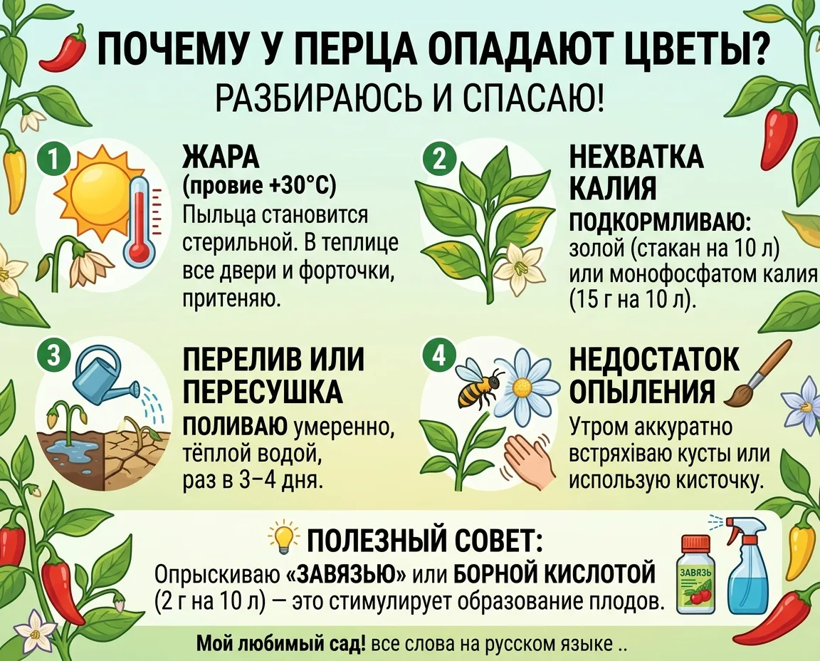 🌶️ ПОЧЕМУ У ПЕРЦА ОПАДАЮТ ЦВЕТЫ — РАЗБИРАЮСЬ И СПАСАЮ!
Знакомая ситуация: перец цветёт обильно, а ц