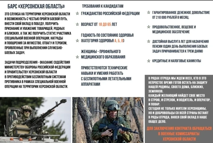 📢 В Херсонской области формируется добровольческий отряд «БАРС-Херсон».

Основные задачи подразделе