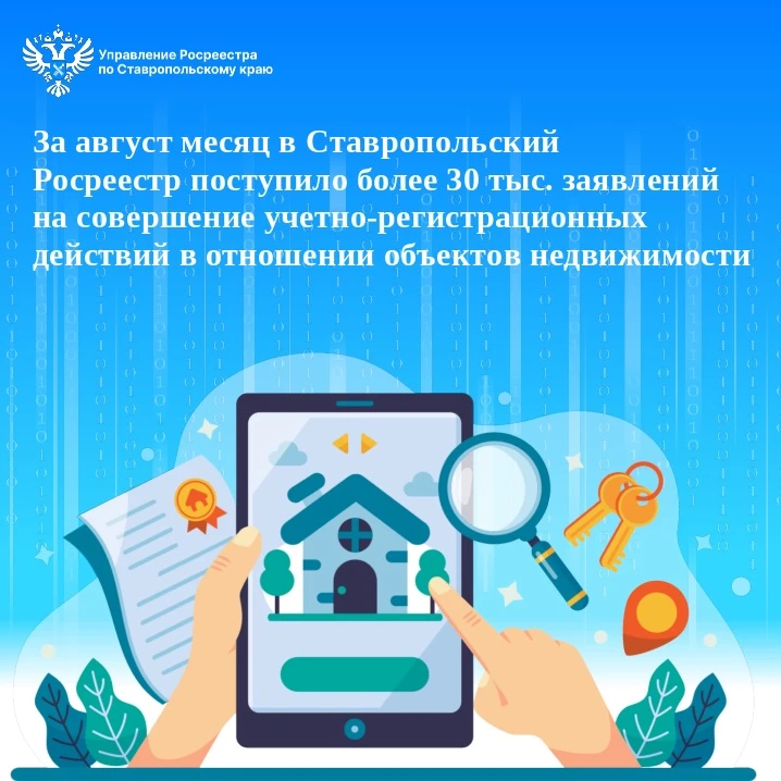👆За август 2026 в Ставропольский Росреестр поступило более 30 тыс. заявлений на соверш...