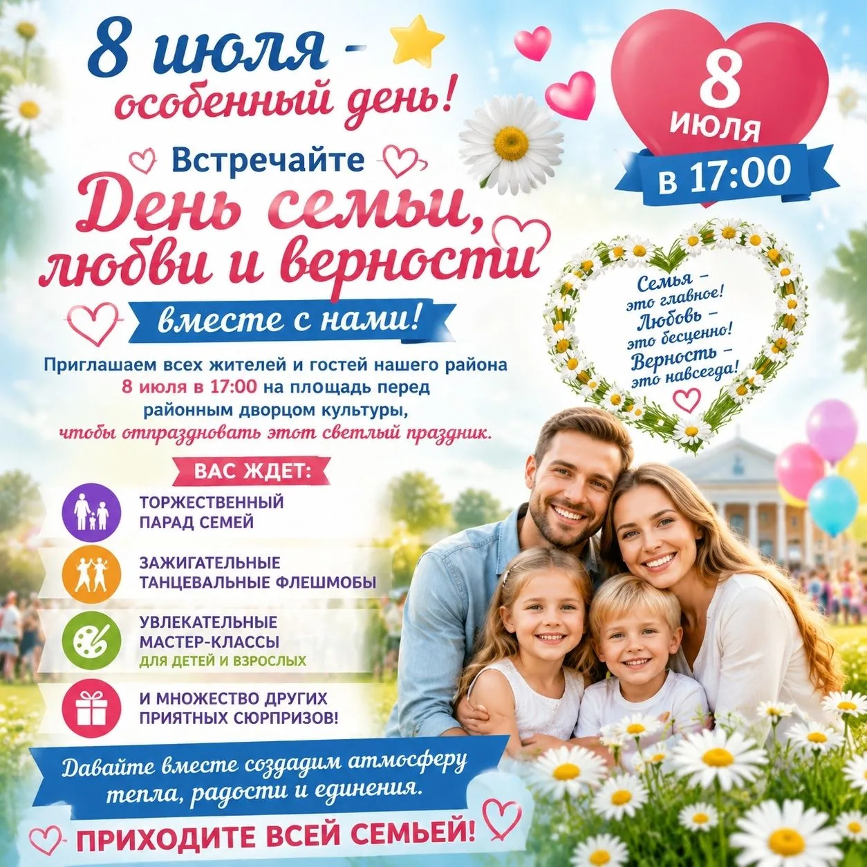 8 июля - особенно нежный день! 
Встречайте День семьи, любви и верности вместе с нами! 

Приглашаем 