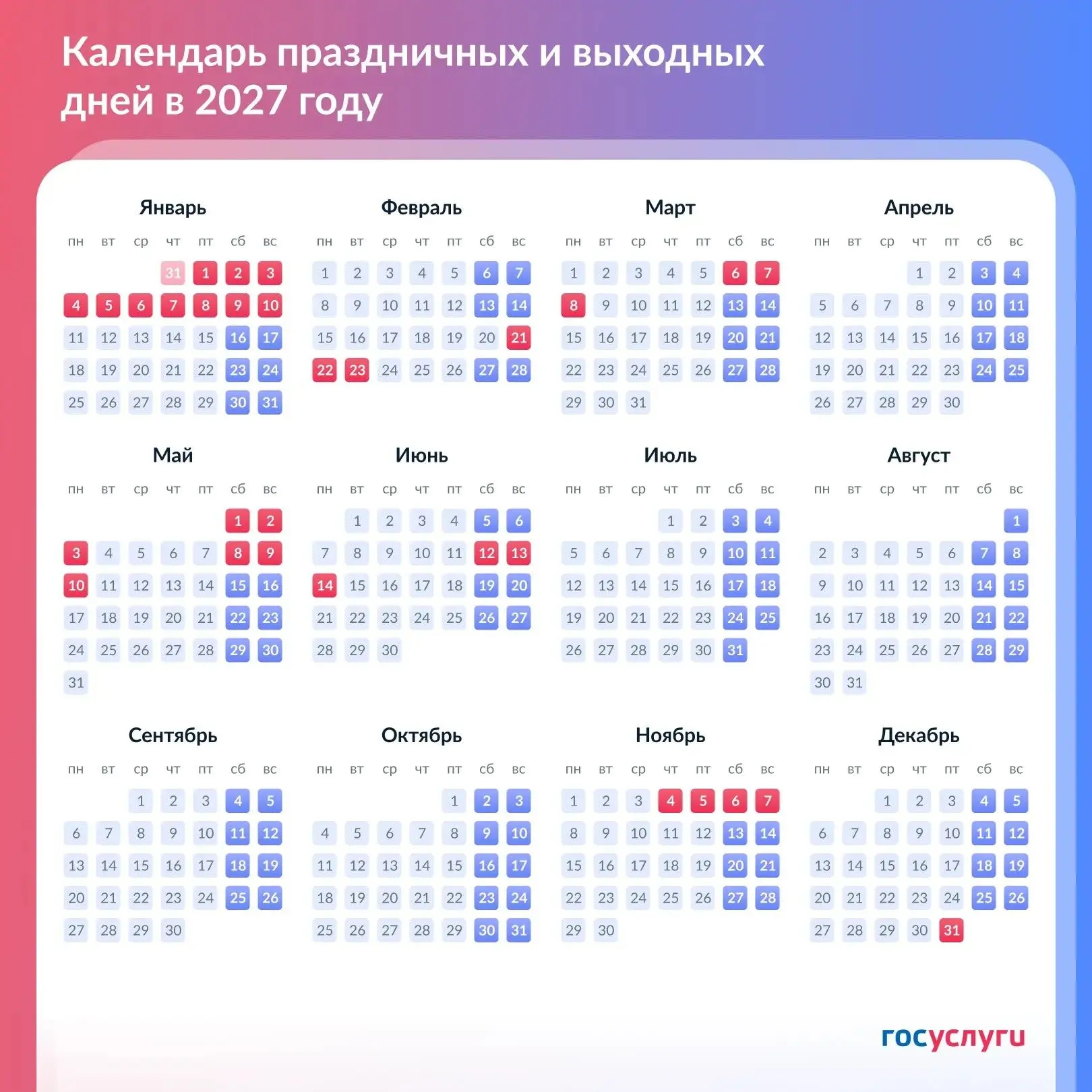 📆 Правительство официально утвердило длинные выходные на 2027 год