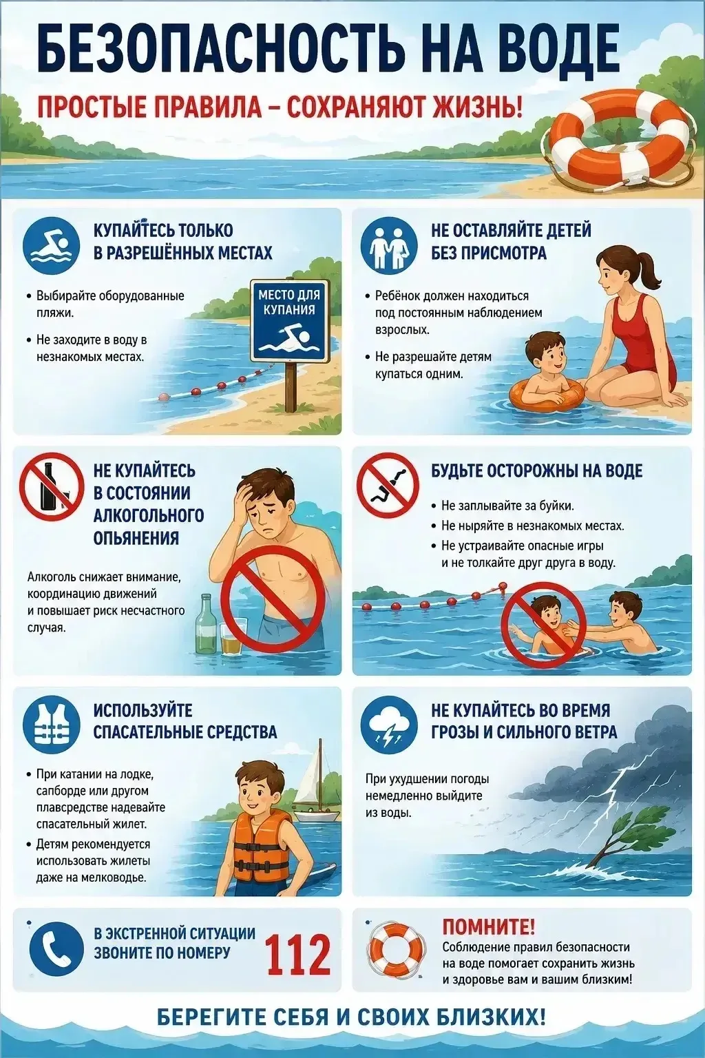 🌊 Безопасность на воде

Лето — время отдыха у рек, озёр и водоёмов. Чтобы отдых оставил только прия