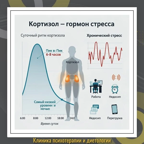 Кортизол («гормон стресса») в норме следует суточному ритму: пик уровня приходится на утро (6-8 часо