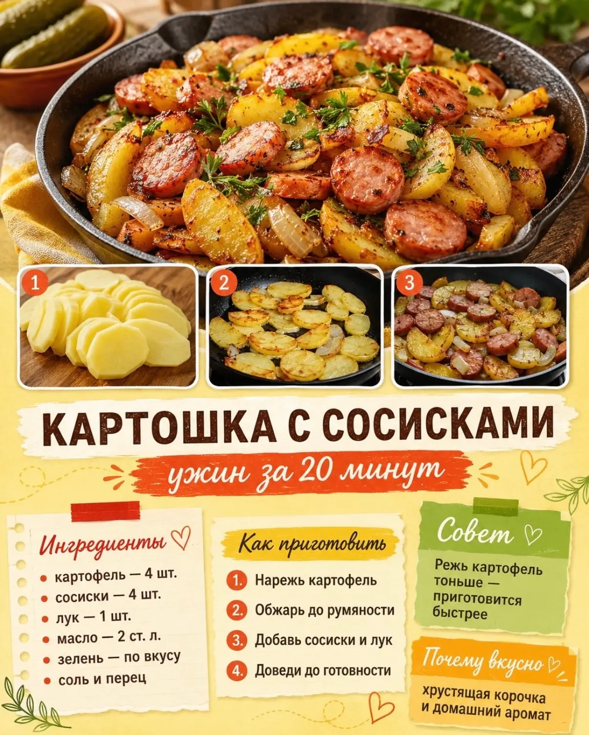 картофель с сосисками, сьедается моментально