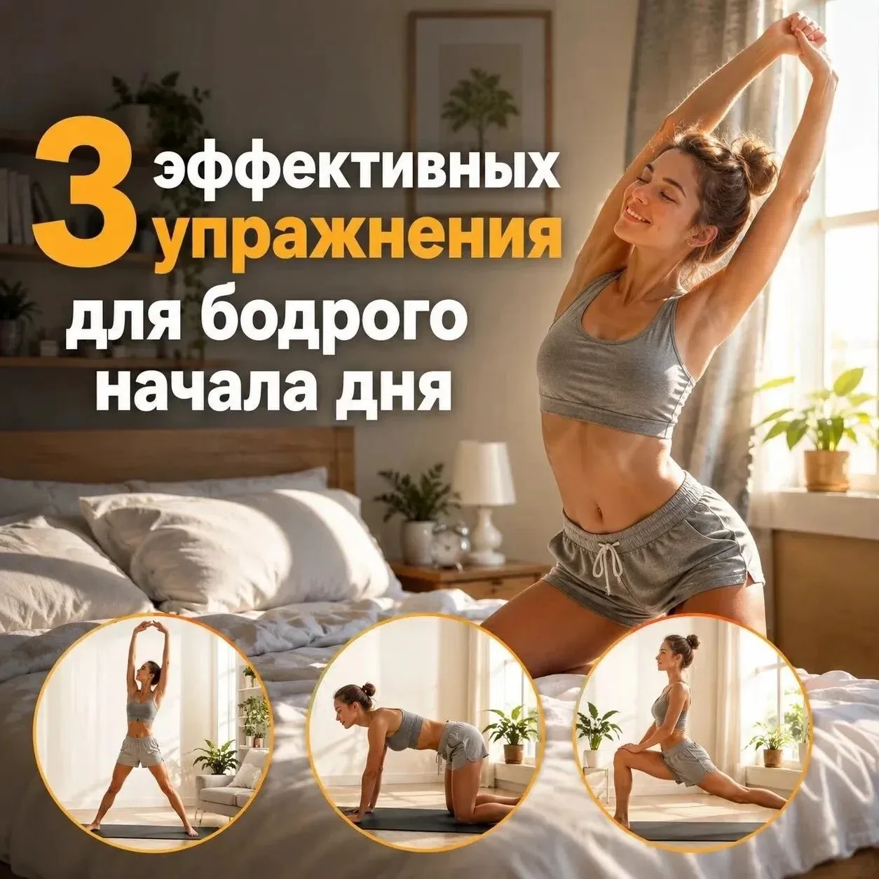 🏠 Спорт дома: 3 эффективных упражнения для бодрого начала дня