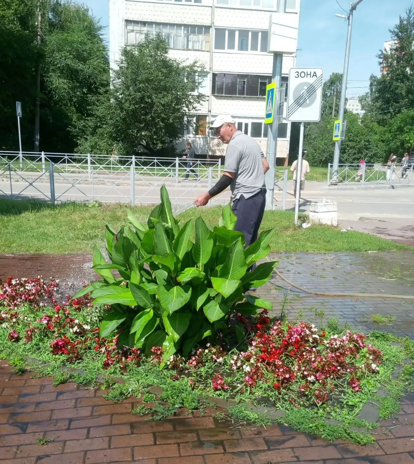 Из-за аномальной жары, установившейся в городе, мы активизировали полив наших цветников.

Наши специ