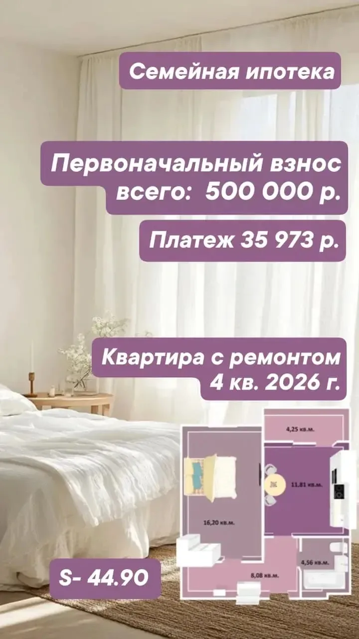 Последние 2 квартиры с ремонтом от застройщика, которые можно приобрести с первоначальн...