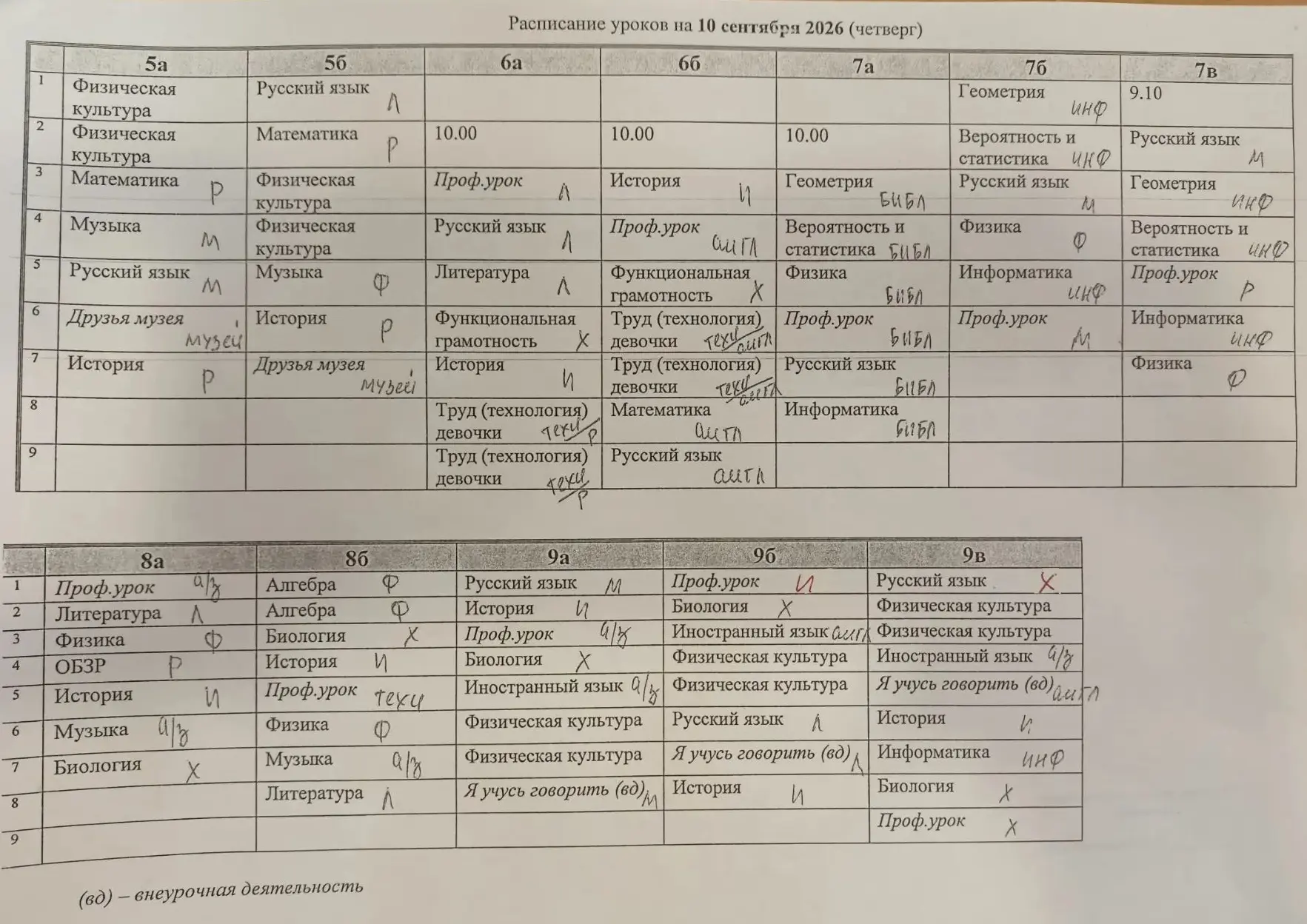 Расписание уроков на 10.09