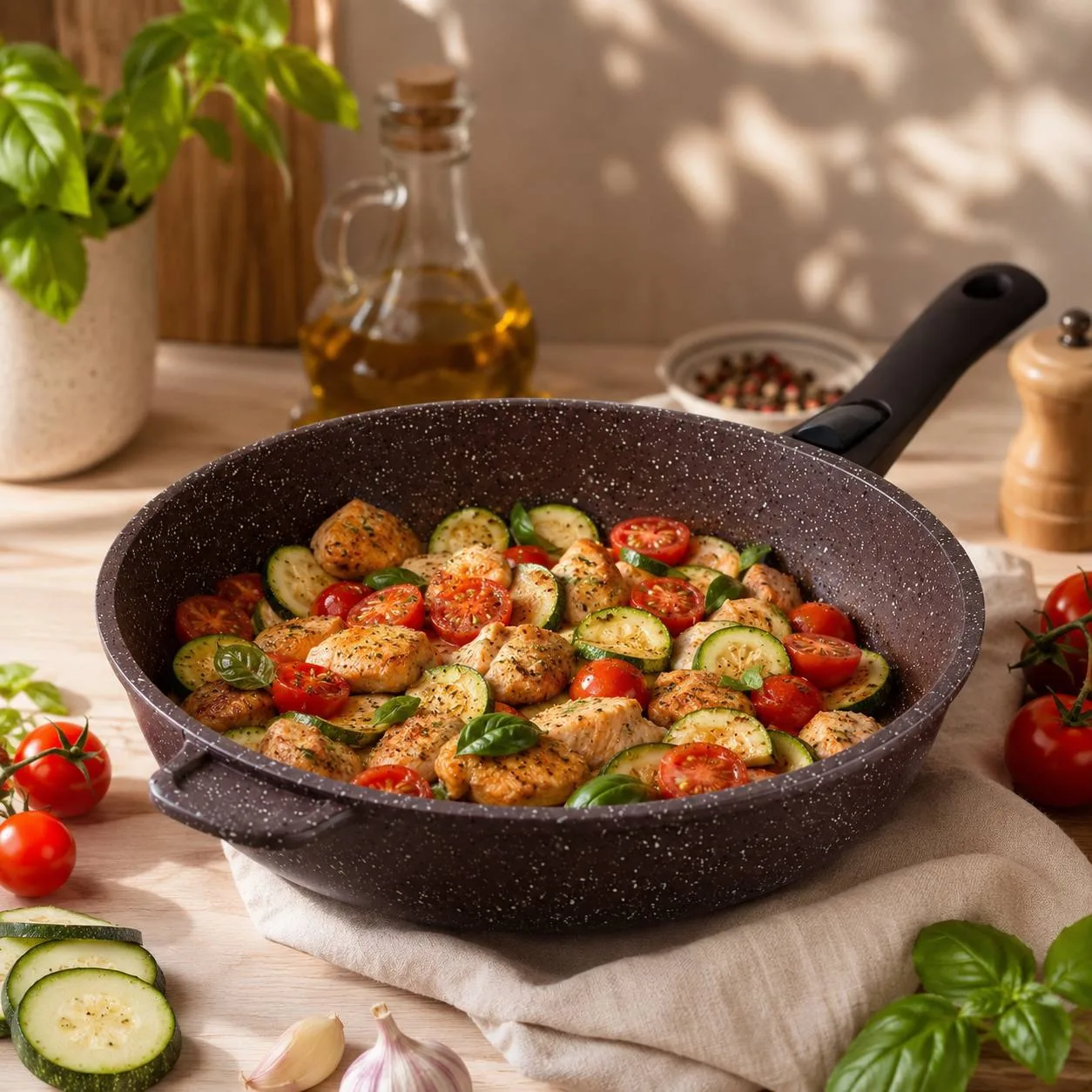 🍳 Лёгкий летний ужин: курица с кабачками и томатами на антипригарной сковороде