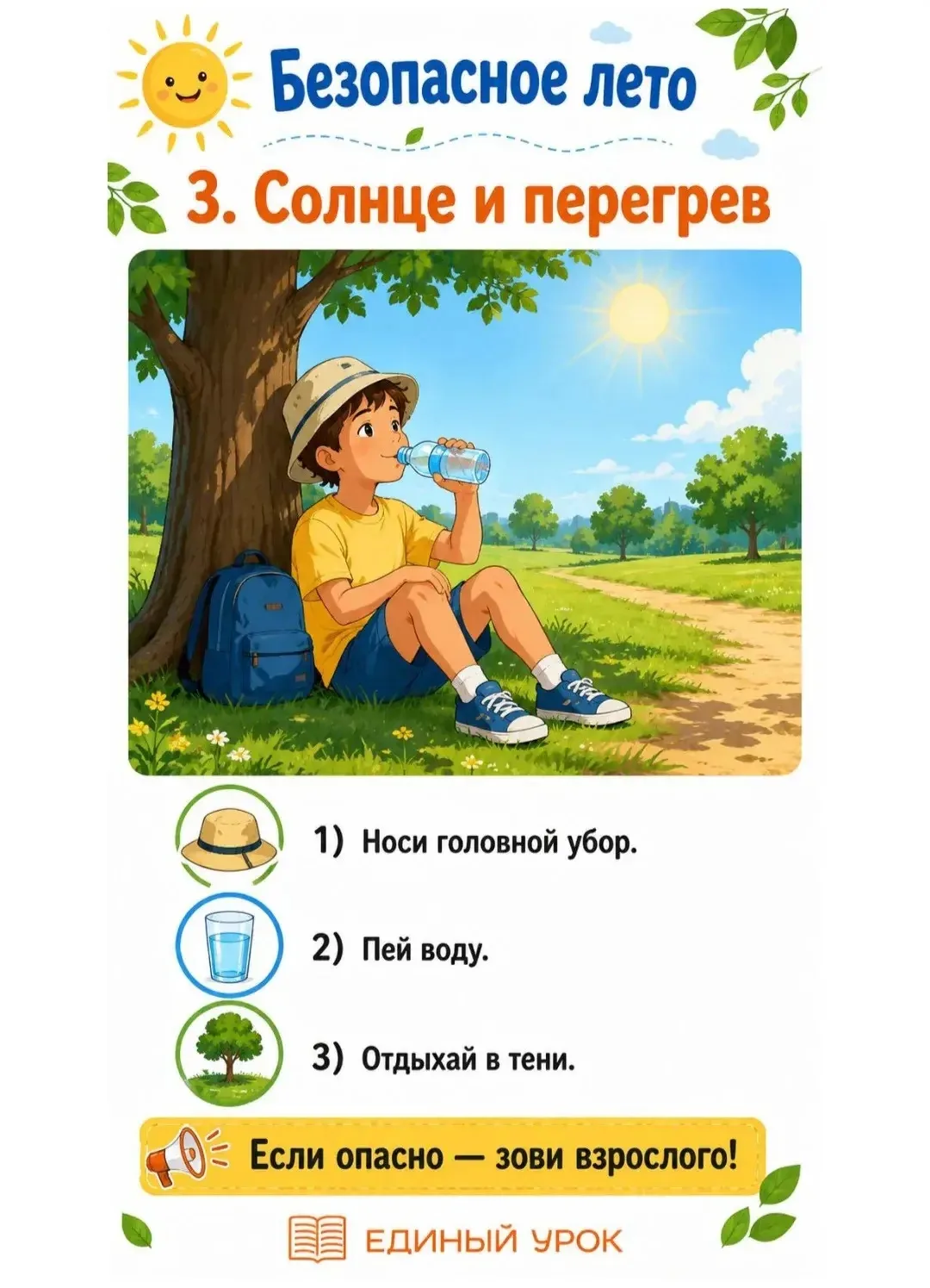 Эти памятки — для ребят 7–11 лет. Самые главные правила: вода, солнце, лес, дорога, велосипед, незна