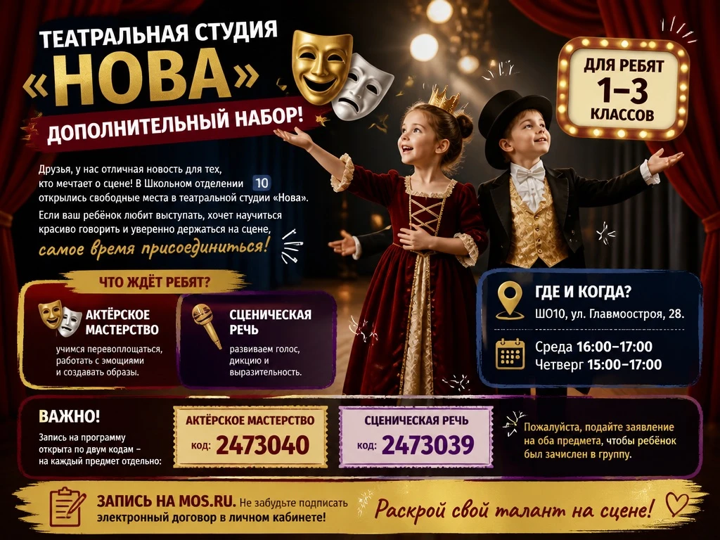 🎭 Театральная студия «Нова» объявляет дополнительный набор!