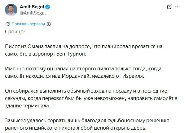 Пилот из Омана на допросе заявил, что намеревался направить самолёт прямо в терминал аэ...