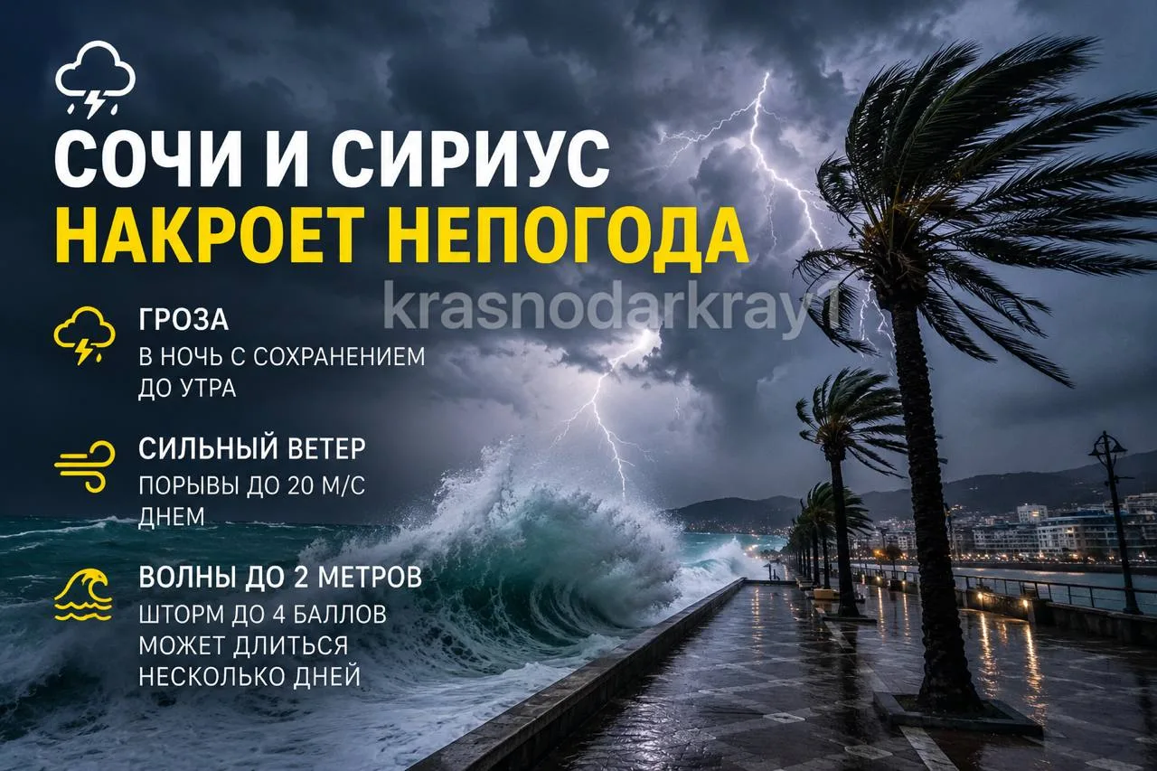 🌧️ Сочи и Сириус накроет непогода: грозы, сильный ветер и высокие волны.  Уже предстоящей ночью в Со