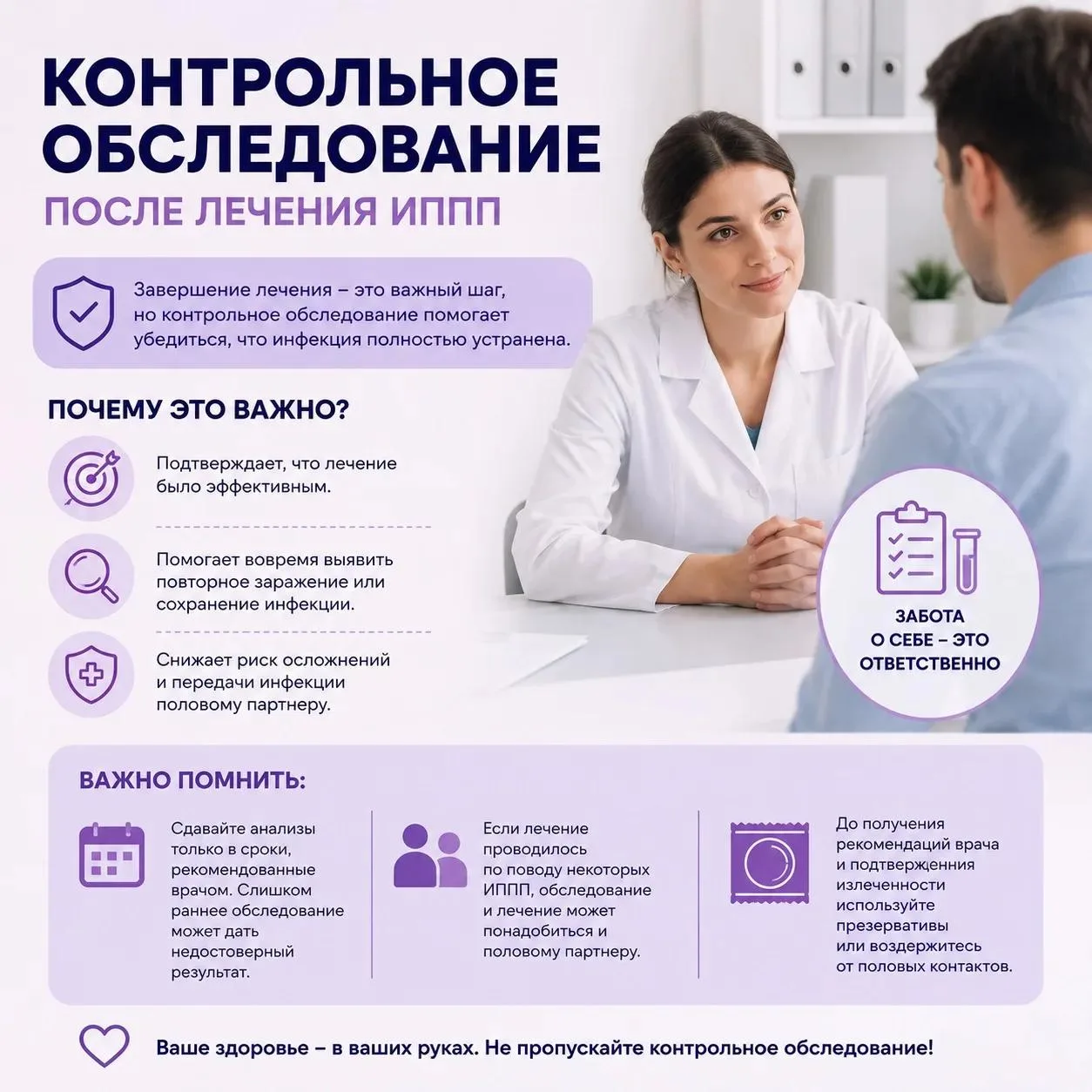 Почему важно пройти контрольное обследование после лечения ИППП?

Исчезновение симптомов не всегда о
