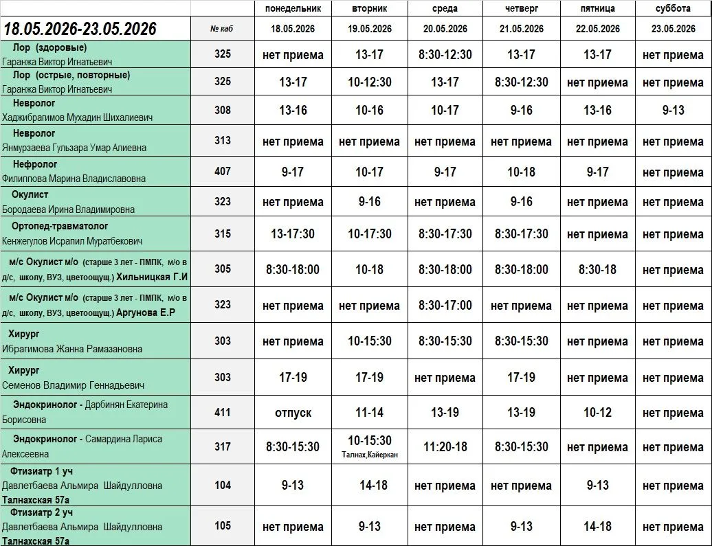 Предоставляем расписание специалистов детской поликлиники с 18.05.2026 г. по 23.05.2026 г.