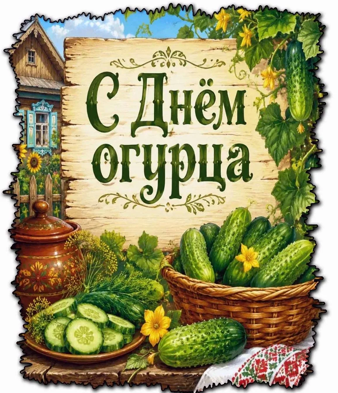 На грядке, в зелени густой,
Живёт огурчик озорной.
В пупырышках, как в чешуе,
Он прячется в листве, 