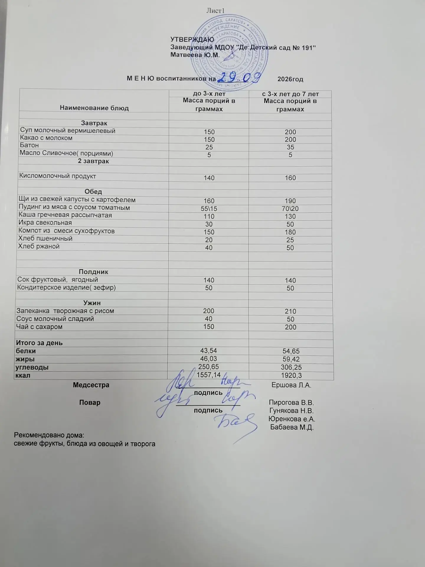 Меню на 29.09.2026