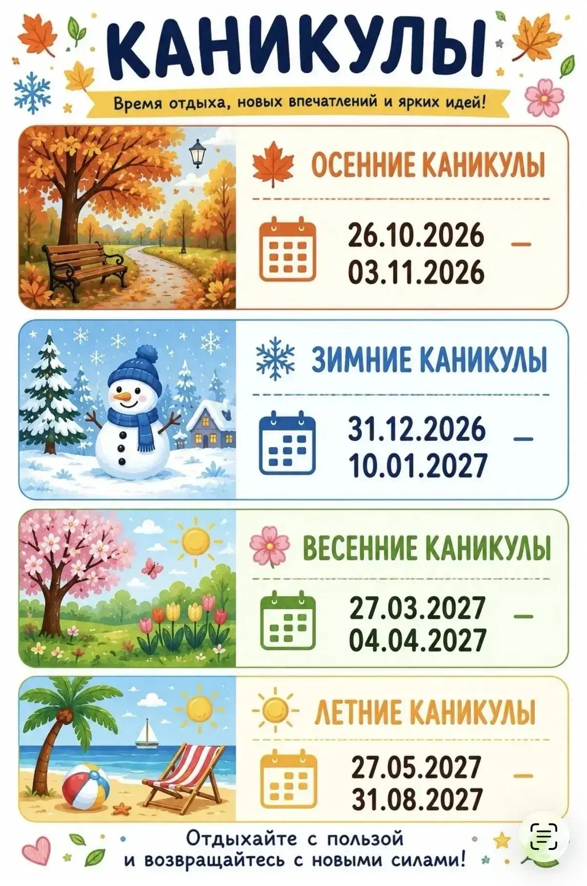 📅 График каникул в гимназии на 2026–2027 учебный год