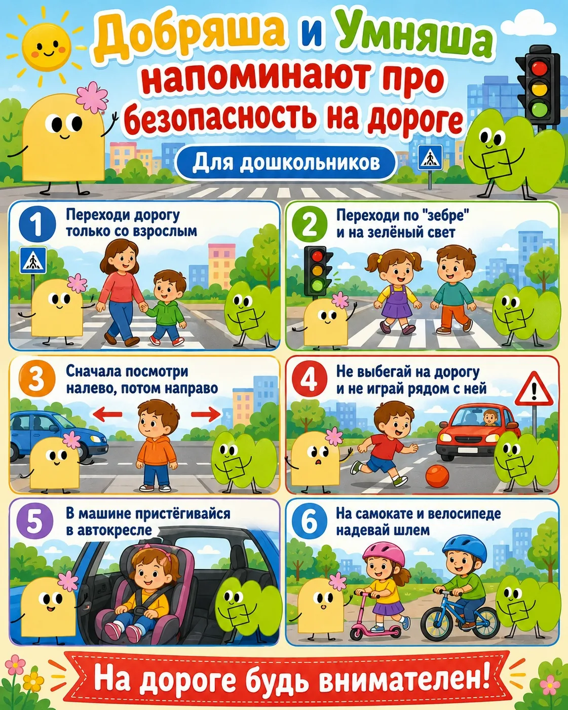 Добряша и Умняша напоминают про безопасность на дороге 💛💚🚦

Ребята, дорога — не место для игр!
Чт