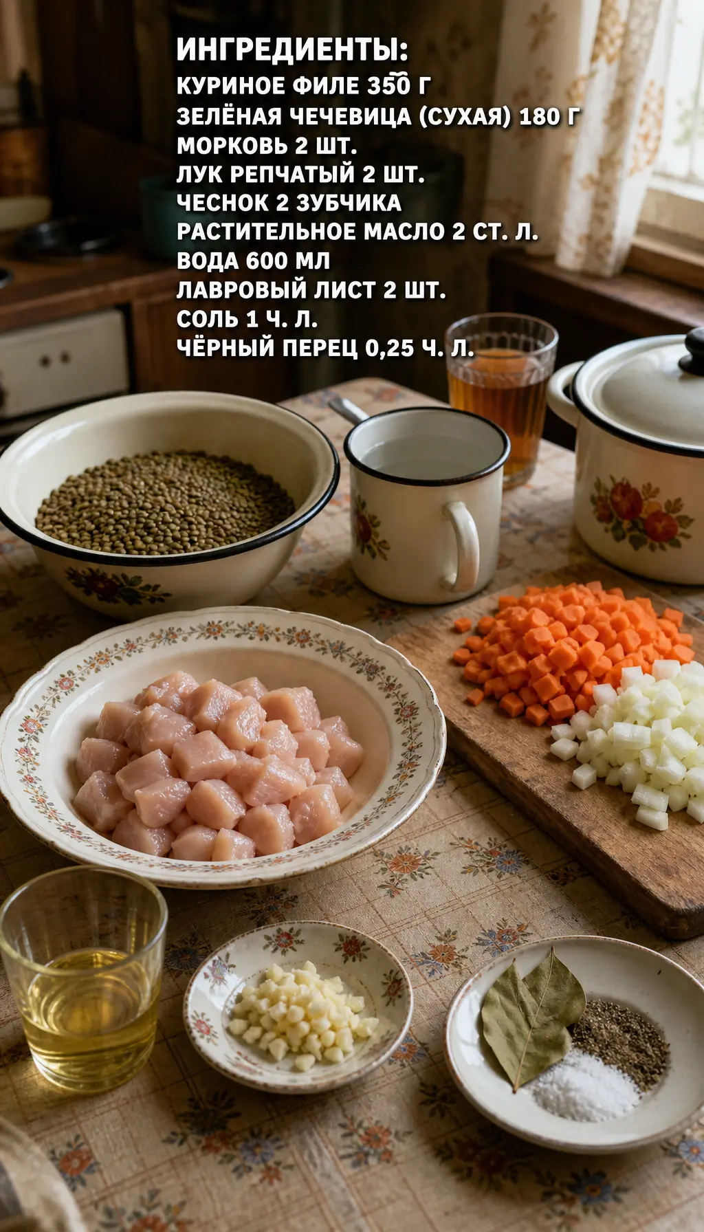 Курица с чечевицей
простое блюдо из обычных продуктов

Ингредиенты:
Куриное филе — 350 г
Чечевица — 