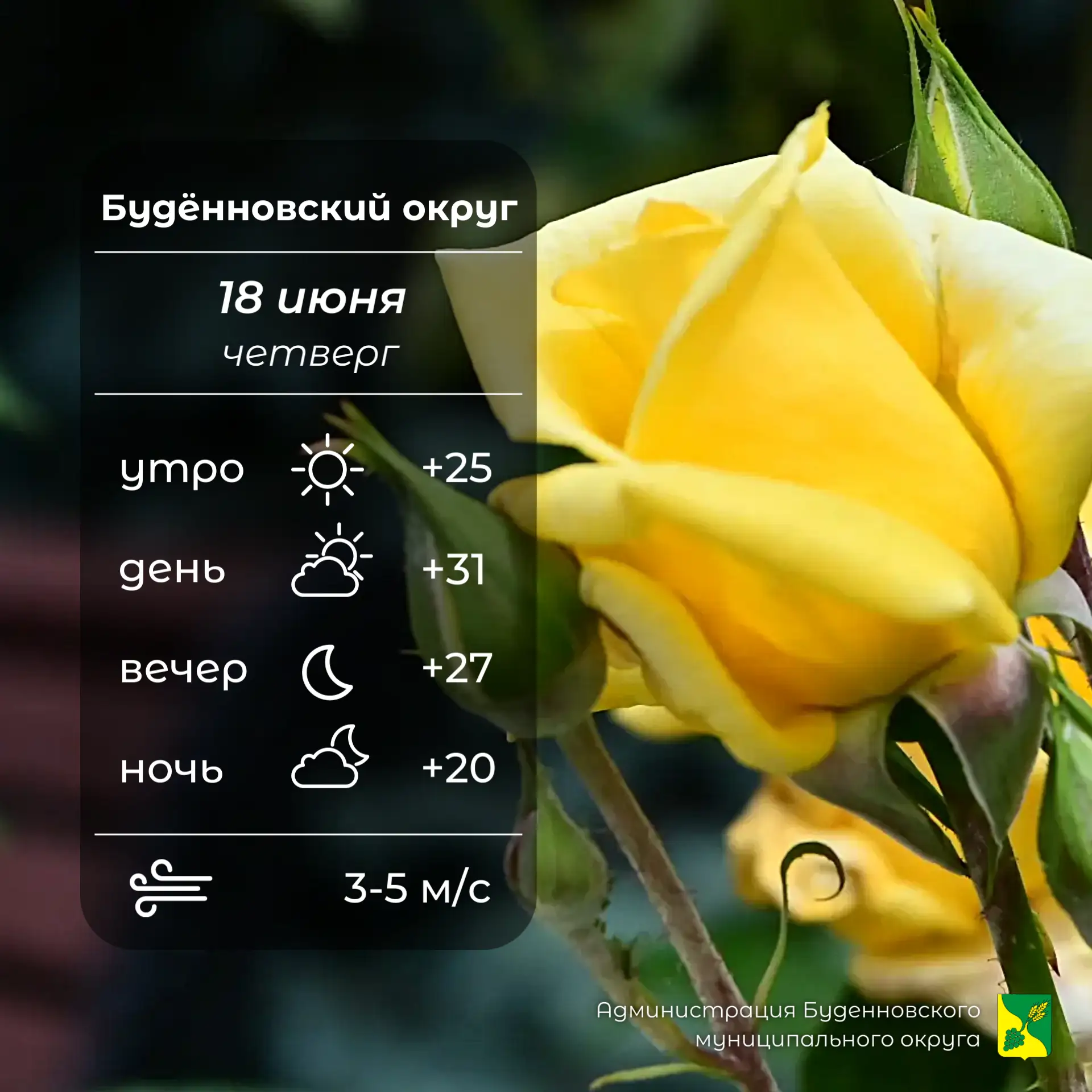 ⛅Сегодня в Буденновском округе переменная облачность, без осадков. Температура воздуха +20…⁠+31°. Сл