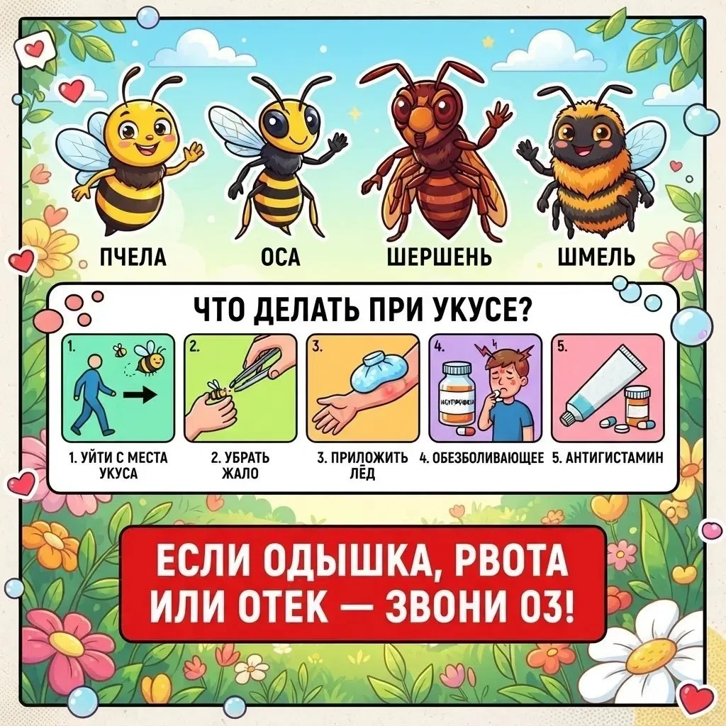 #ВажноЗнать

🐝Что делать при укусе пчелы, осы, шершня, шмеля 
 
Лето – время пикников, прогулок и н