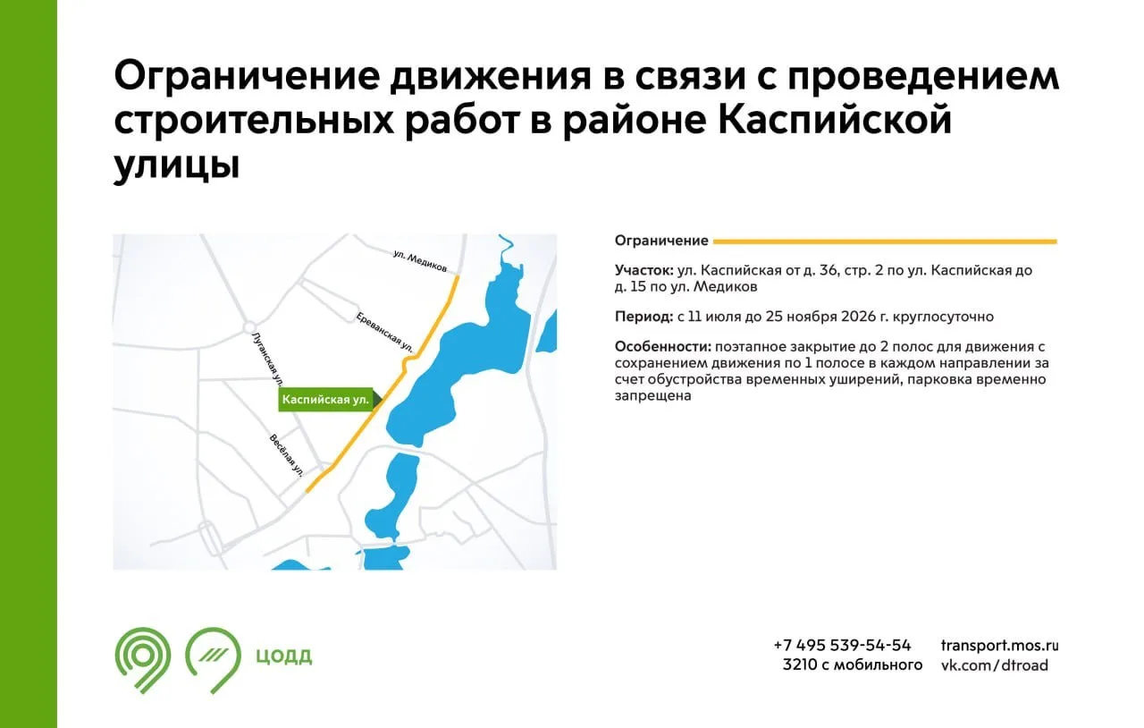 В период с 11 июля до 25 ноября на Каспийской улице будет закрыто две полосы. Там пройд...