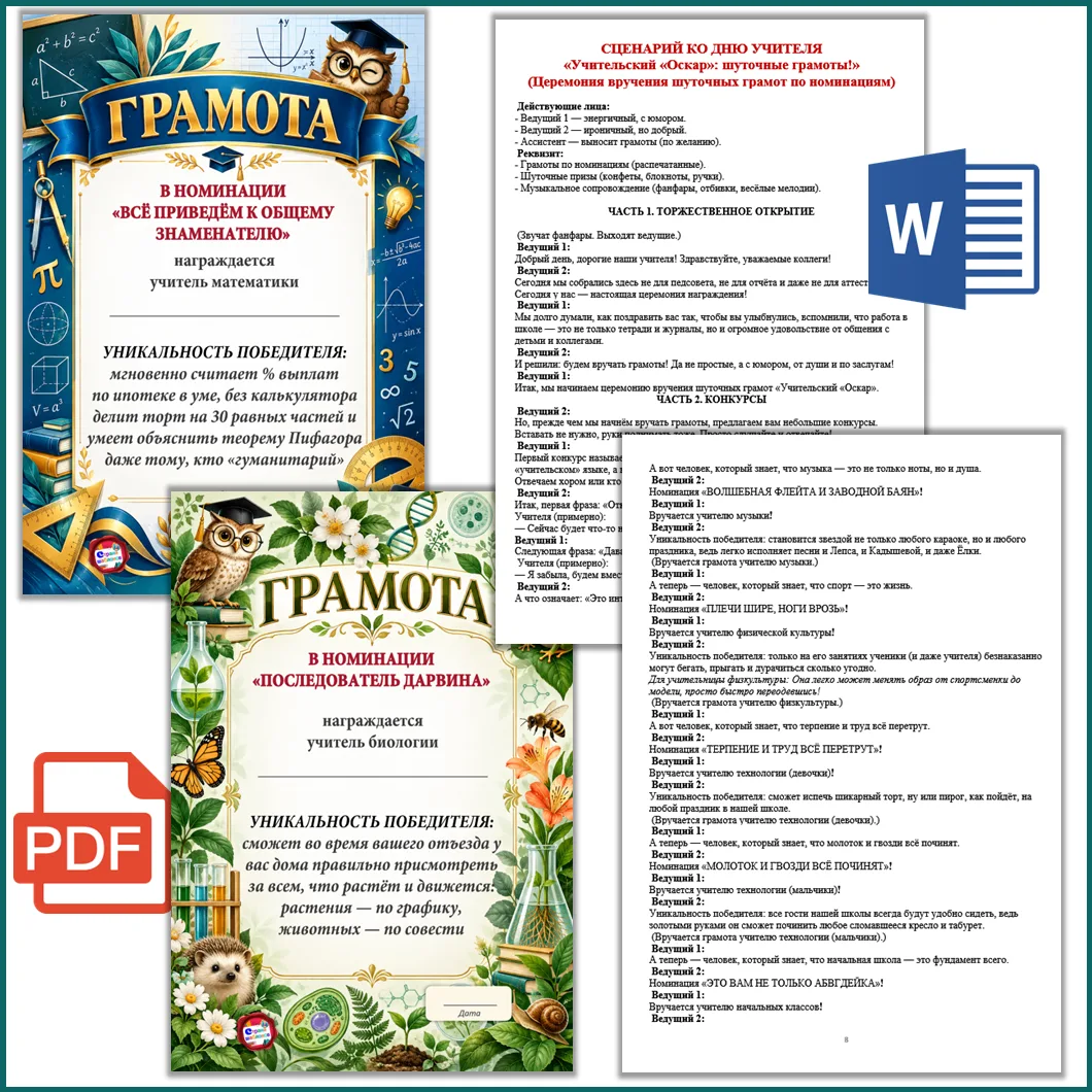 📢 ✅Комплект «Учительский «Оскар» ко Дню учителя: сценарий в Word и 23 грамоты в PDF дл...