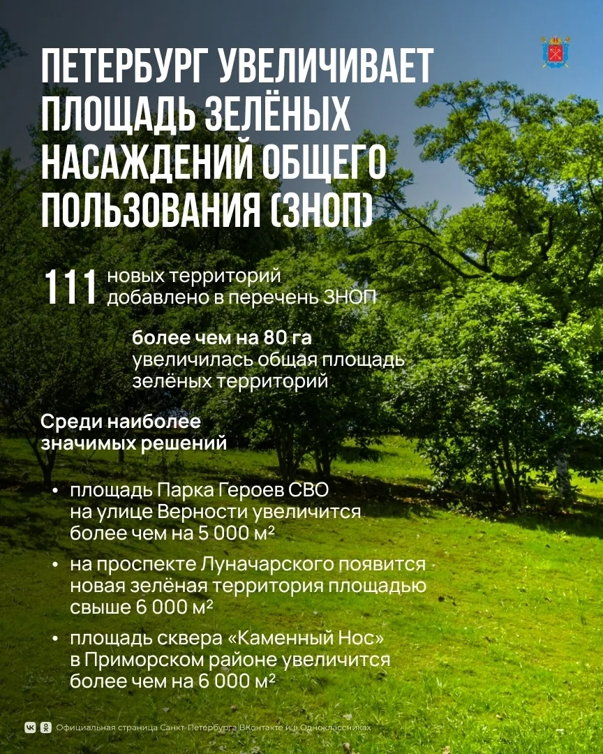 В Петербурге станет больше парков и скверов: площадь зелёных территорий увеличилась более чем на 80 