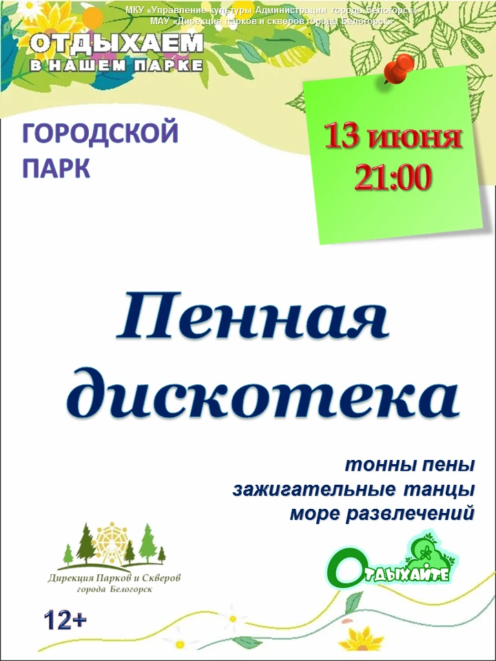 13 июня — ПЕННАЯ ДИСКОТЕКА в городском парке!