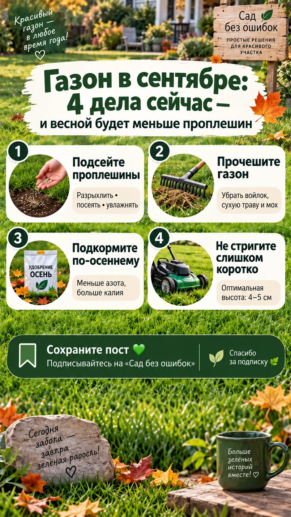 🌱 Газон в сентябре: 4 дела сейчас — и весной будет меньше проплешин