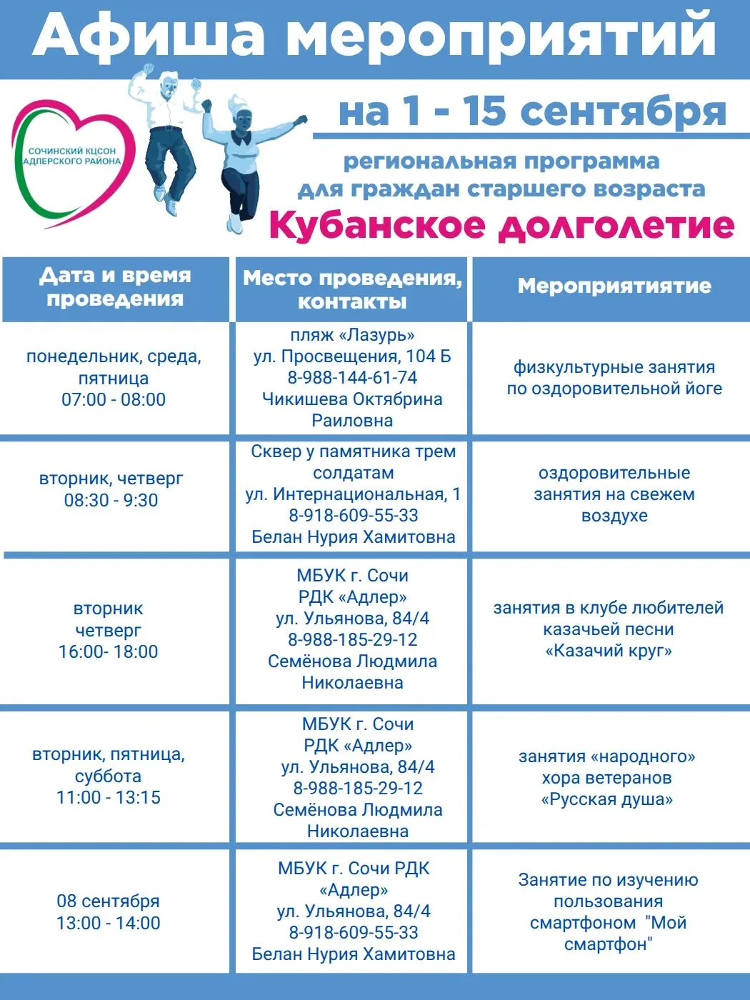 💡 В рамках проекта «Кубанское долголетие» планируем активный сентябрь!