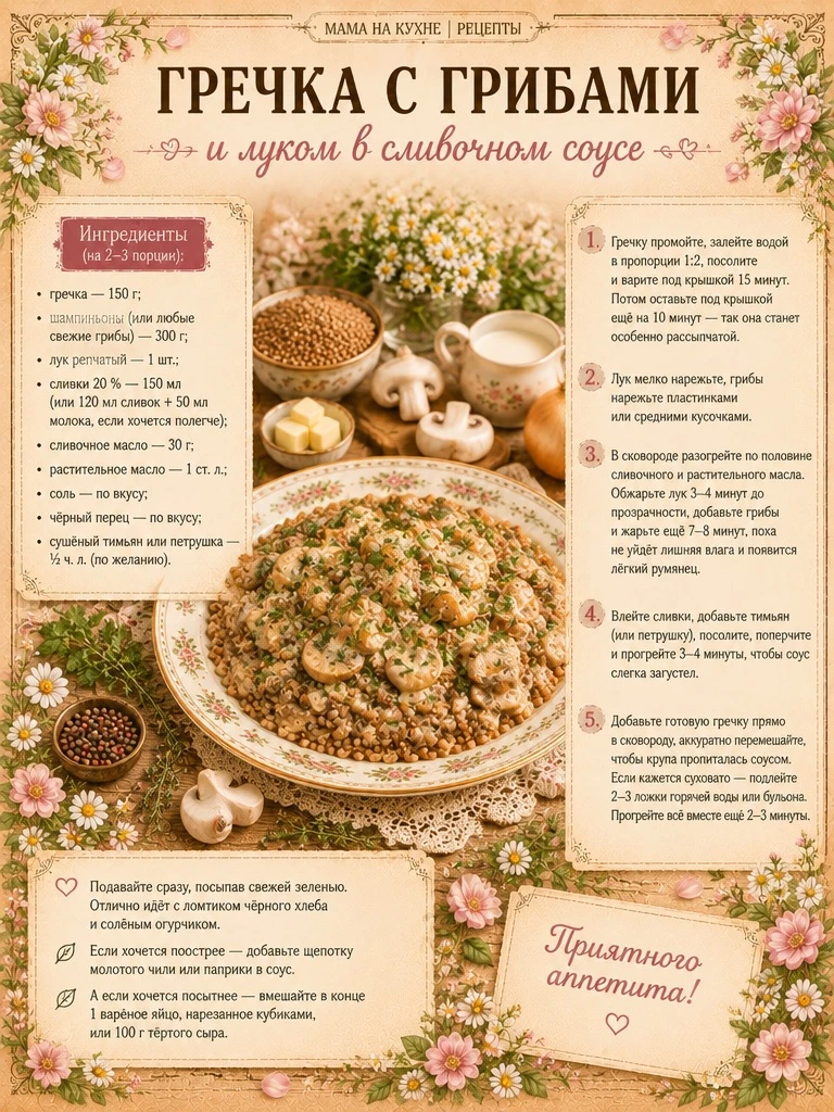 🌸 Гречка с грибами и луком в сливочном соусе 🌸