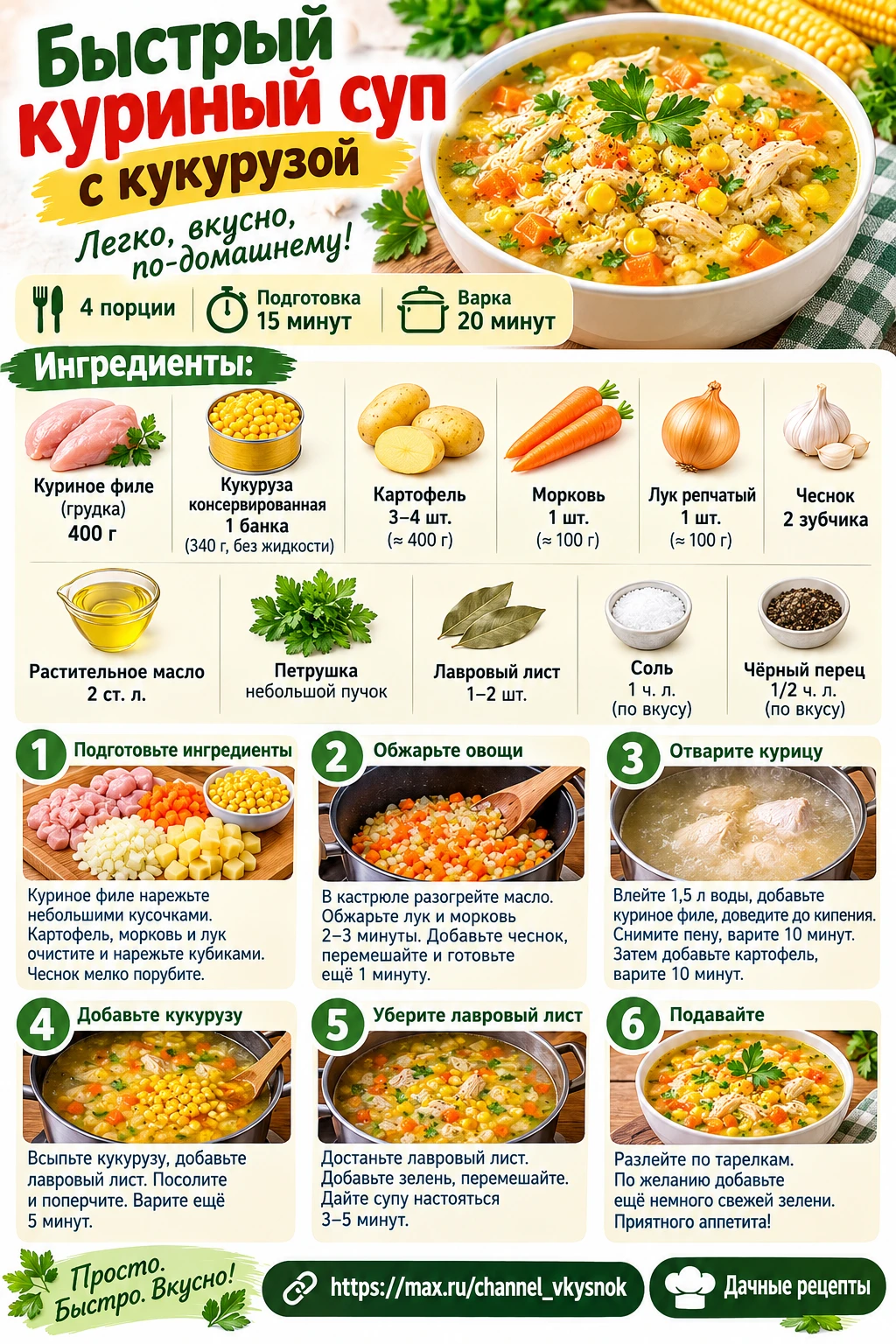 Быстрый куриный суп с кукурузой