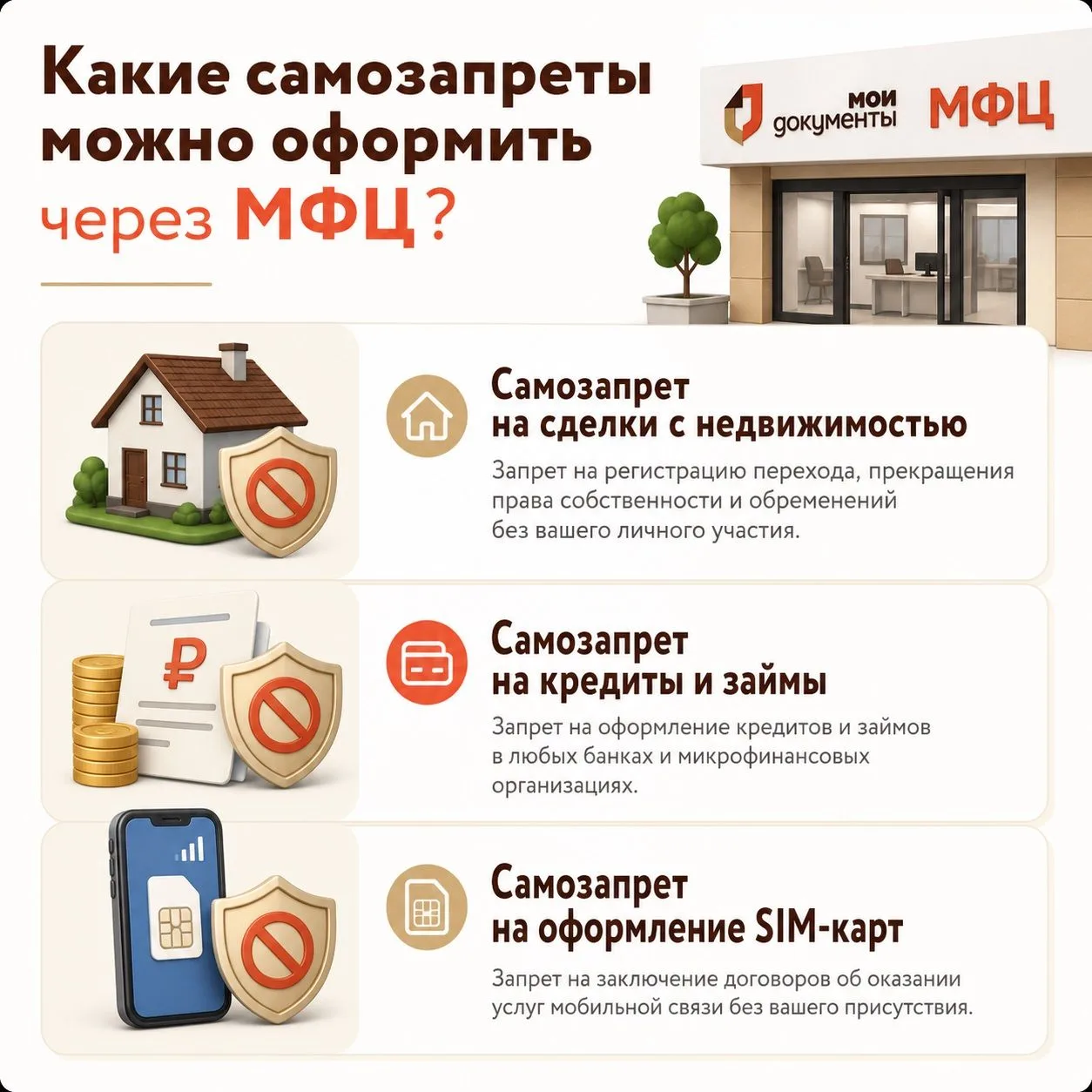Какие самозапреты можно оформить через МФЦ?🏫