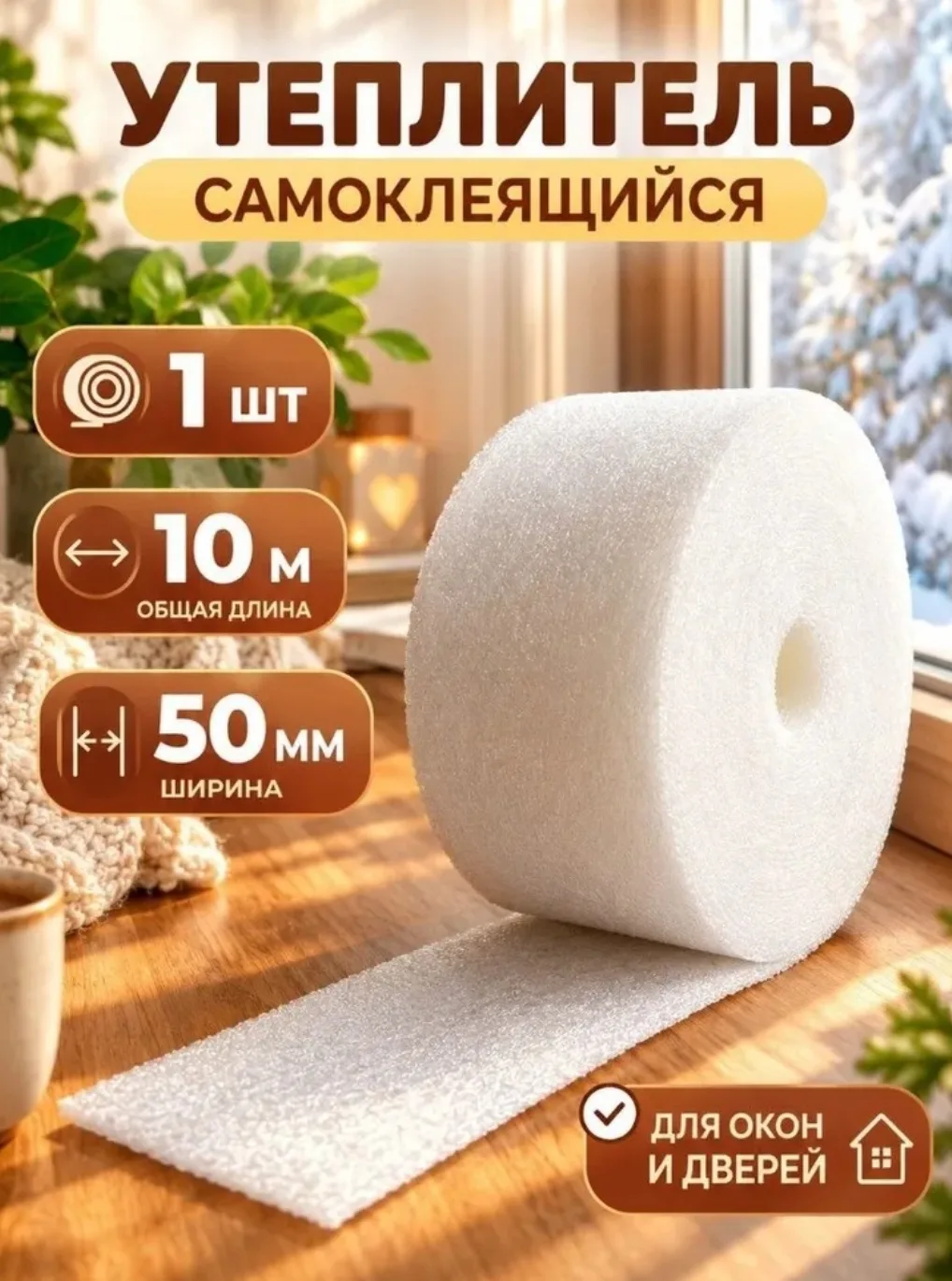 Утеплитель для окон и дверей самоклеящийся/теплолента шириной 50 мм., 10 м.