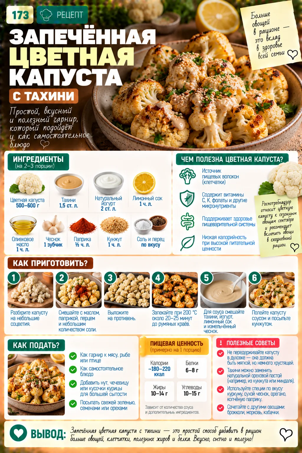 🍳ЗАПЕЧЁННАЯ ЦВЕТНАЯ КАПУСТА С ТАХИНИ