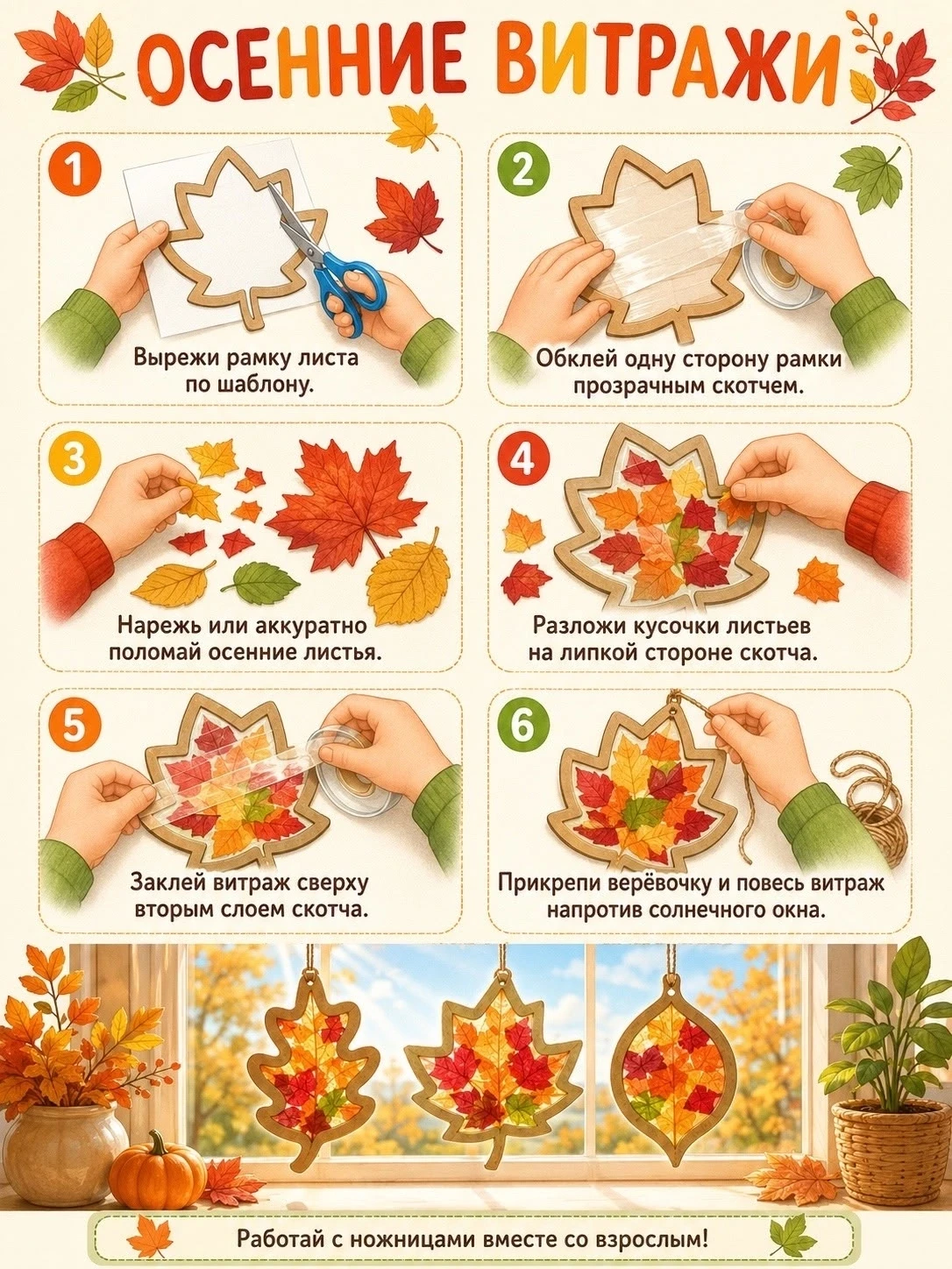 🍁 Осенние витражи из листьев 🍁