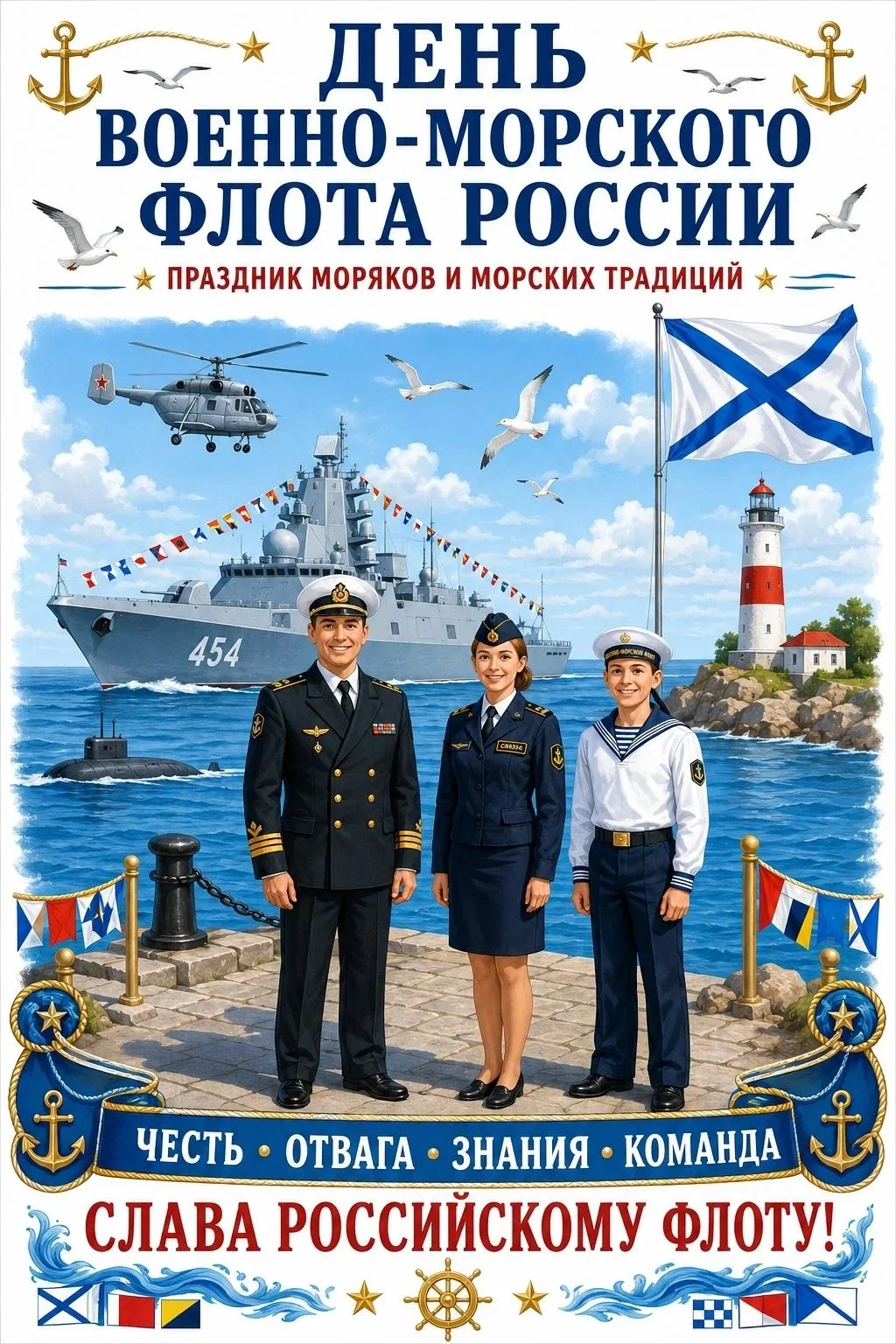 Бескозырка и тельняшка,
И на лентах якоря,
На ремне большая пряжка –
Моряку даны не зря!

В честь дн