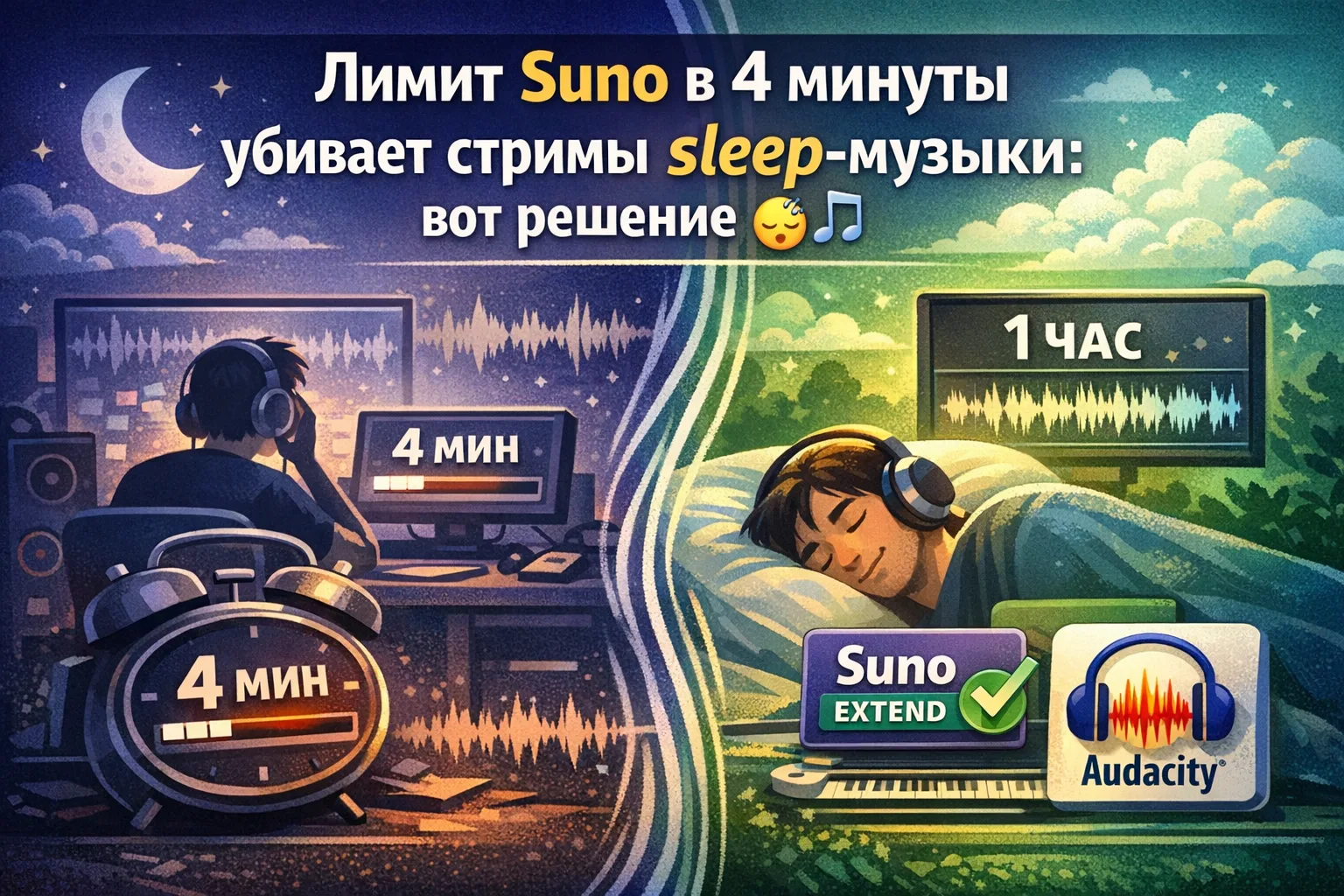 Лимит Suno в 4 минуты убивает стримы sleep-музыки: вот решение 😴🎵

Каждый sleep-трек на Spotify, к