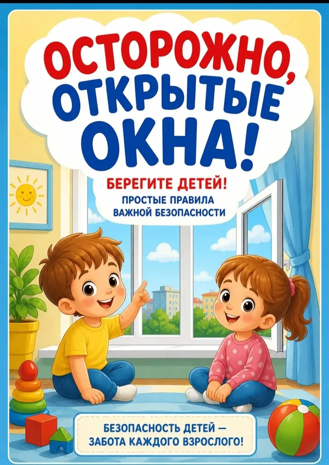 Дорогие родители!

Безопасность детей — наша общая забота. В тёплое время года мы чаще открываем окн