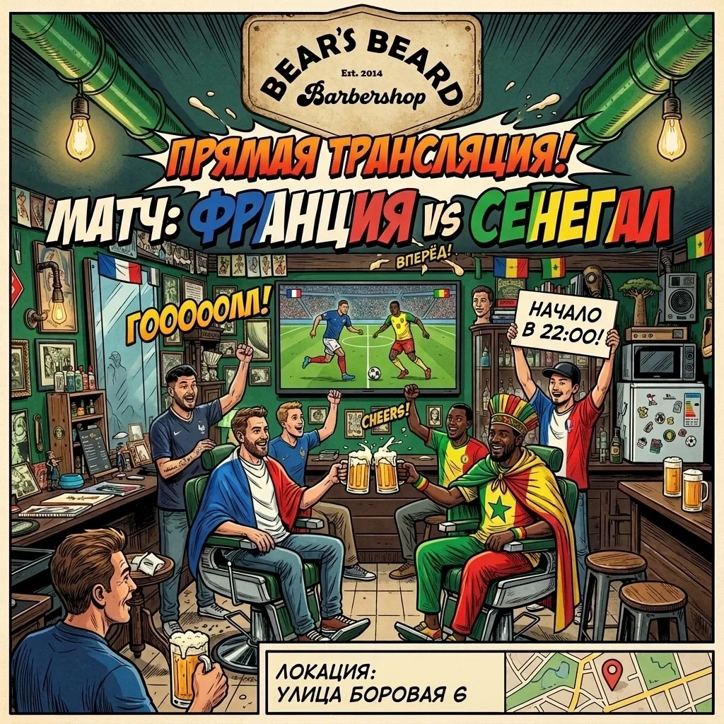 В Bear’s Beard футбол не заканчивается ⚽️

Франция 🇫🇷 VS Сенегал 🇸🇳 

⏰Сбор гостей в 21:00

⚽️Ст