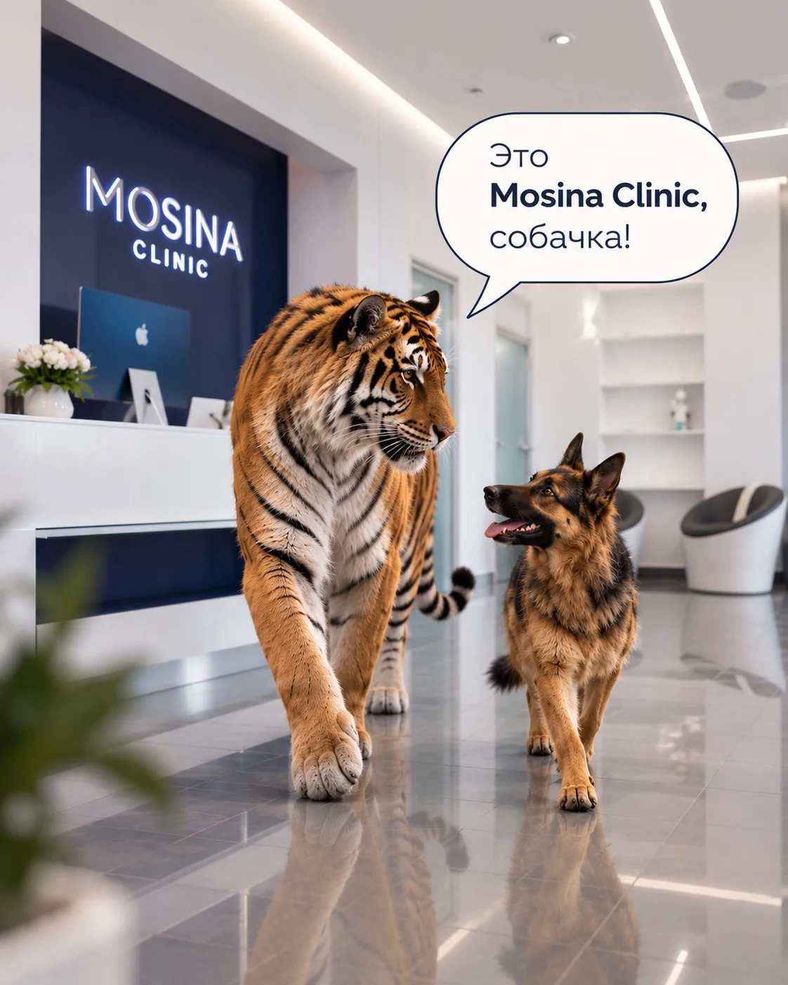 Тигр уже провёл собачке небольшую экскурсию по Mosina Clinic.